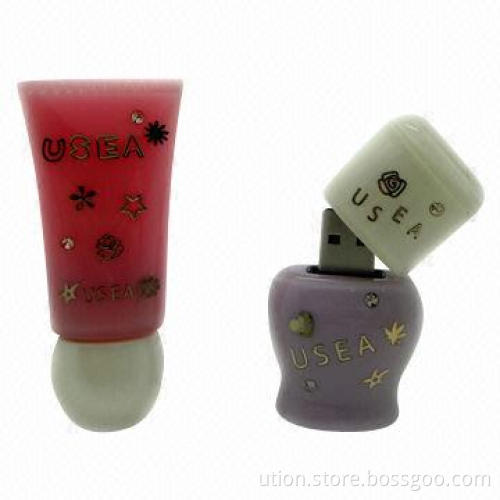 Nail Polish-shaped USB Flash Drive with 1 to 32GB Memory Capacity, Free Printing and Packaging